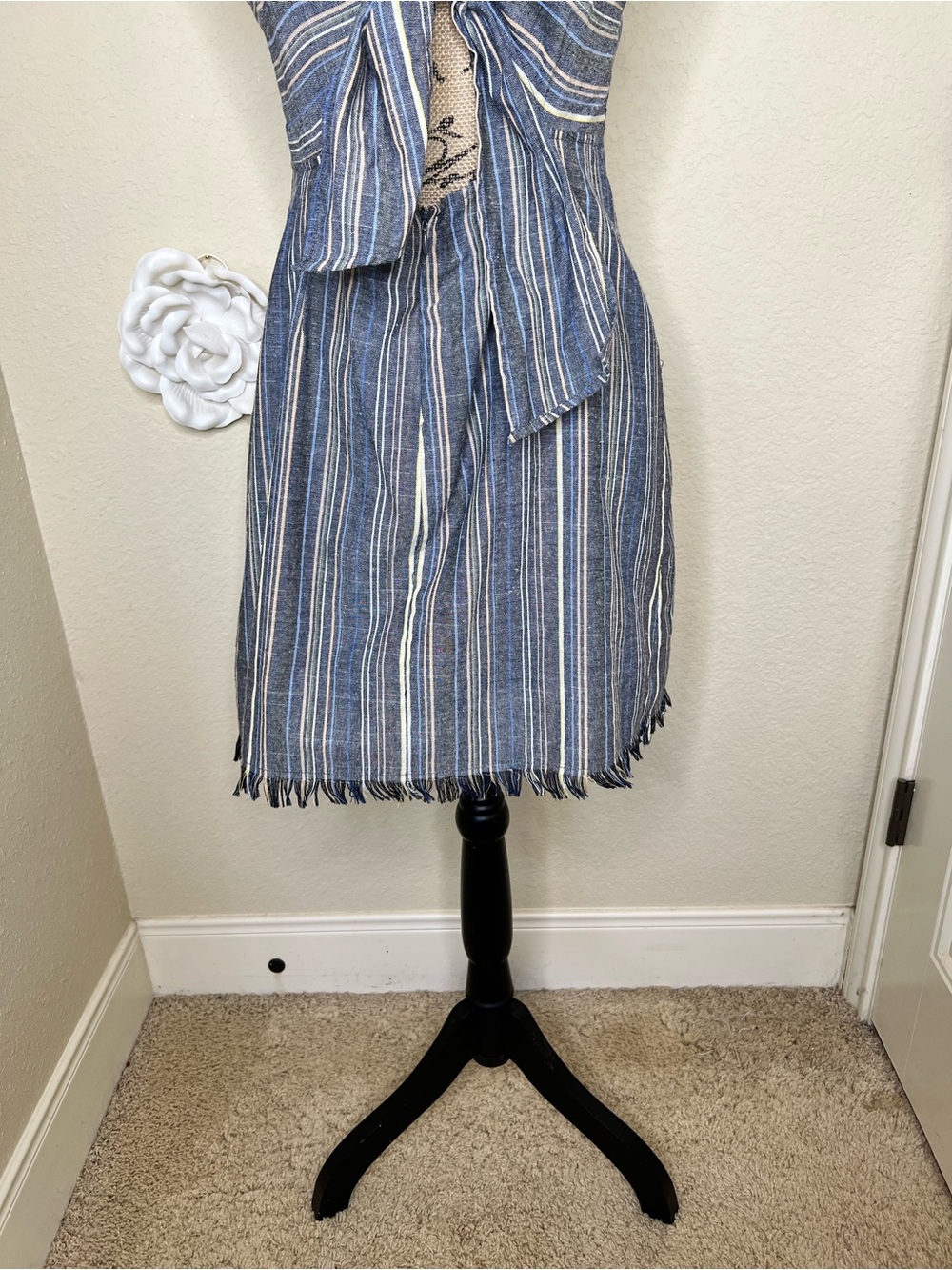 NTM: American Threads Blue Striped Tie Back Mini Dress Open Back Size Large - Picture 12 of 15